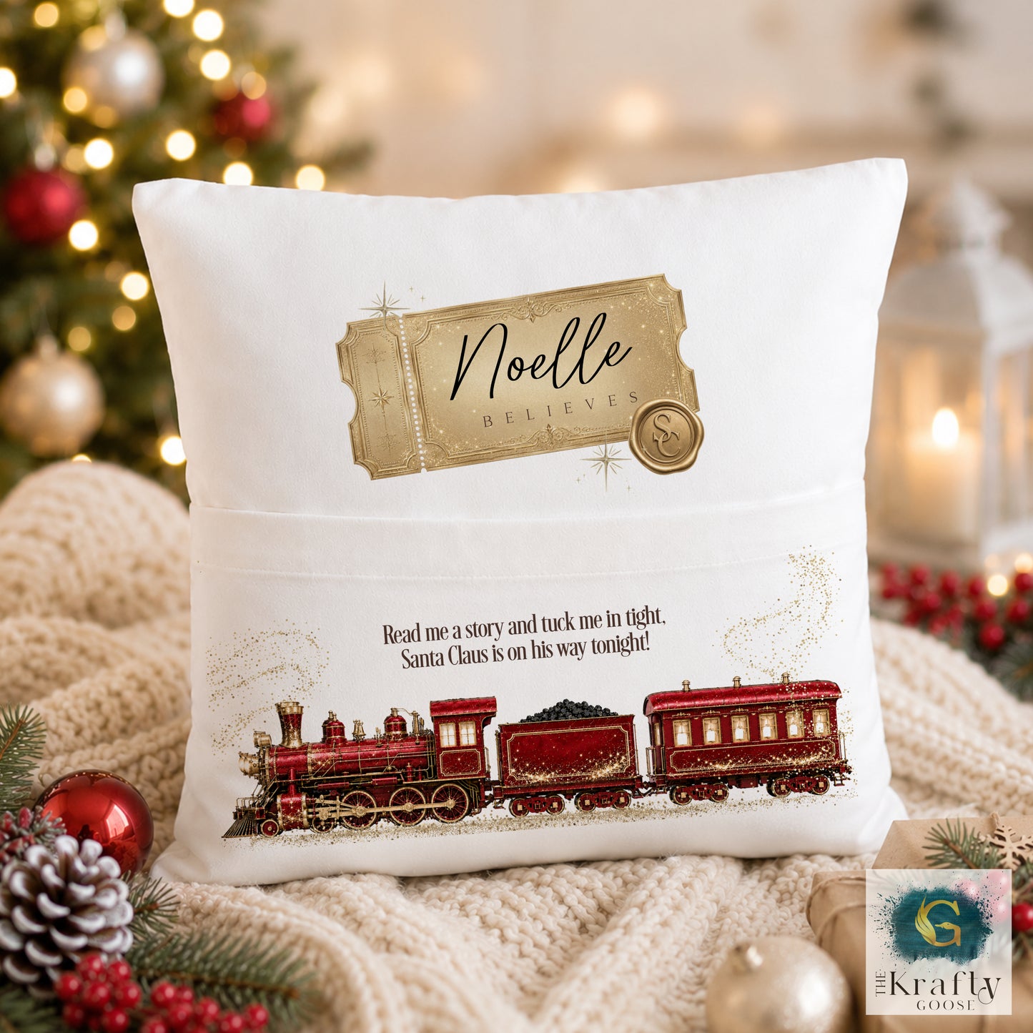 Christmas Book Cushion - Vintage Train - Navy, Red or Pink