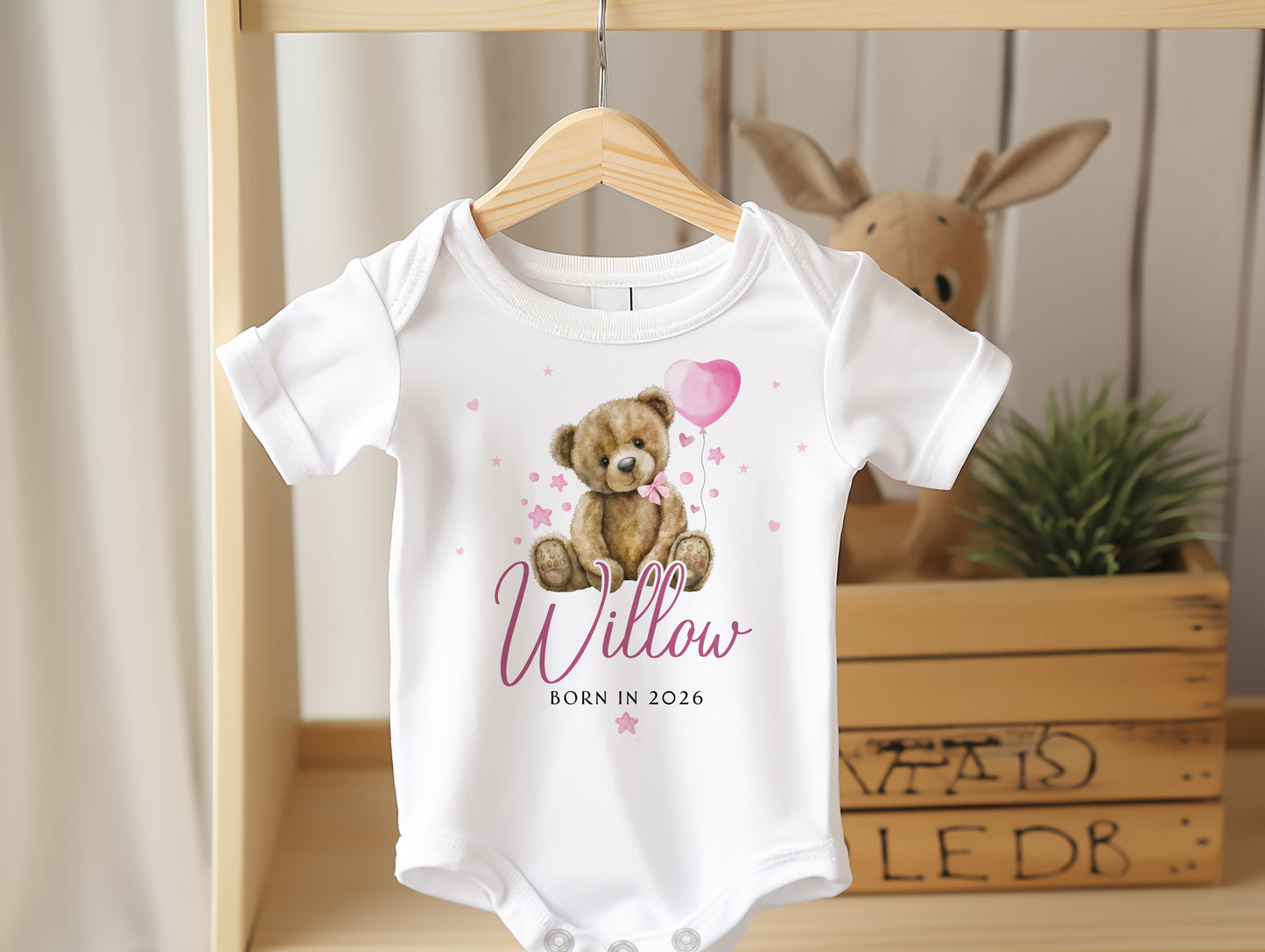 Born in 2026 - Pink Teddy Bear Balloon Design