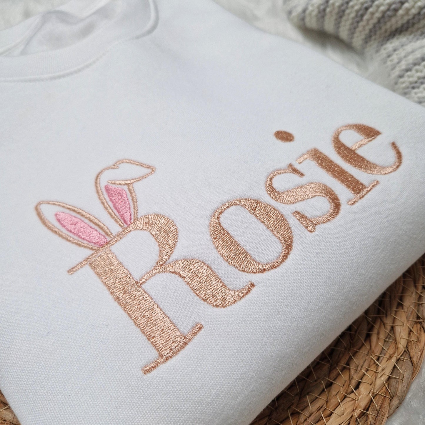 Embroidered Bunny Ears Sweatshirt - Pink or Blue Ears