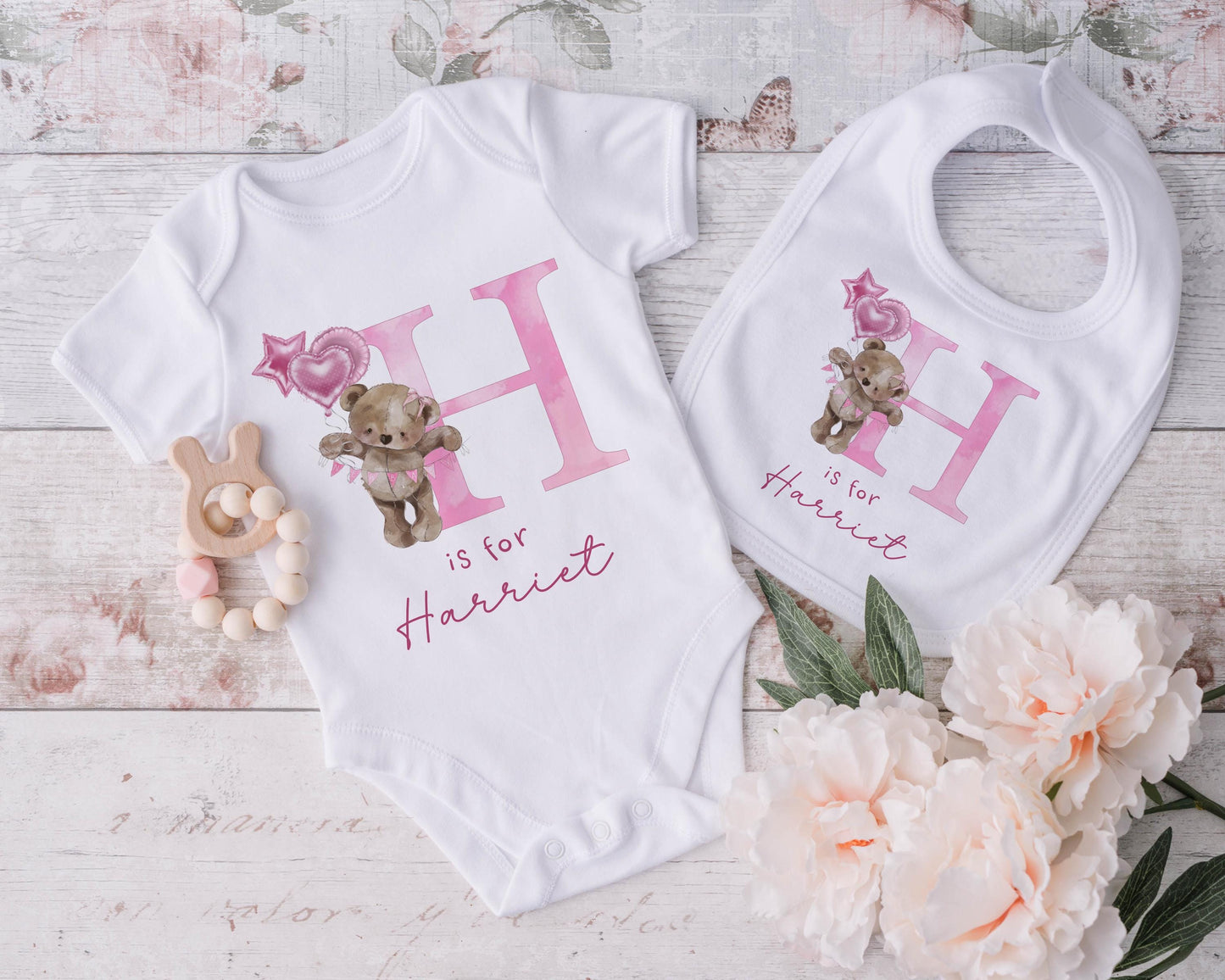 Pink Bear Initial - Vest, Sleepsuit or Bib