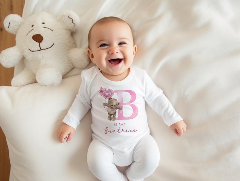 Pink Bear Initial - Vest, Sleepsuit or Bib