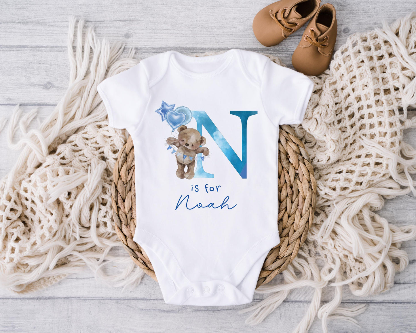 Blue Bear Initial - Vest, Babygrow or Bib