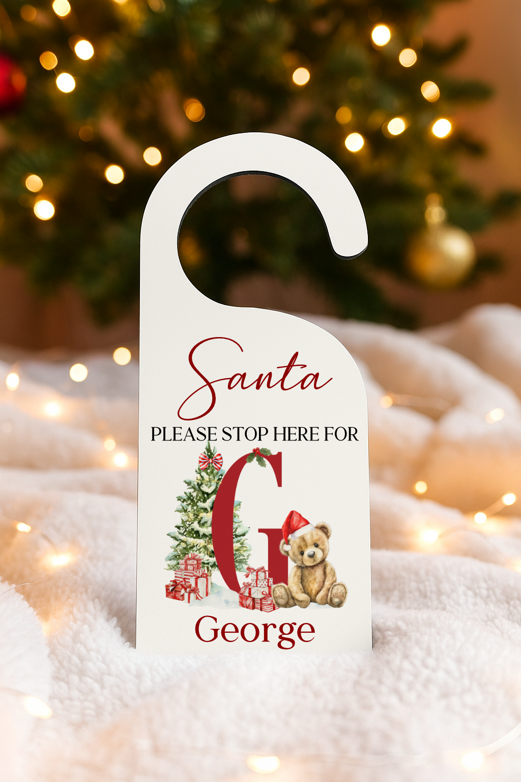 Personalised Santa Please Stop Here Door Hanger - Cute Bear Alphabet