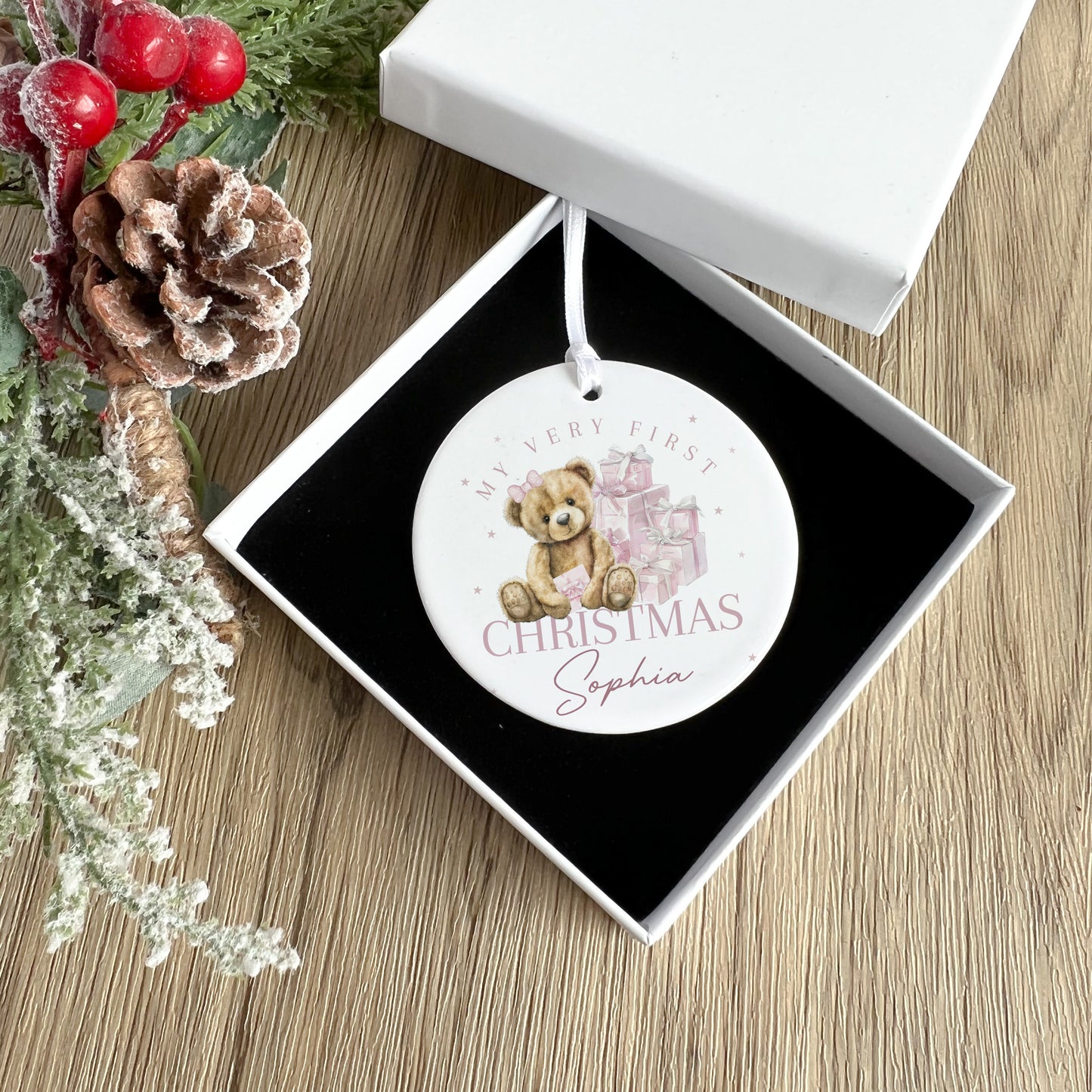 Baby's First Christmas Decoration - Pink or Blue Teddy Bear