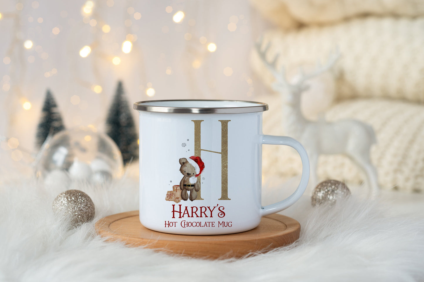 Personalised Christmas Teddy Bear Mug, Enamel Shatterproof, Children, Hot Chocolate, Kids Christmas Eve Box, Stocking Filler, Gift Present