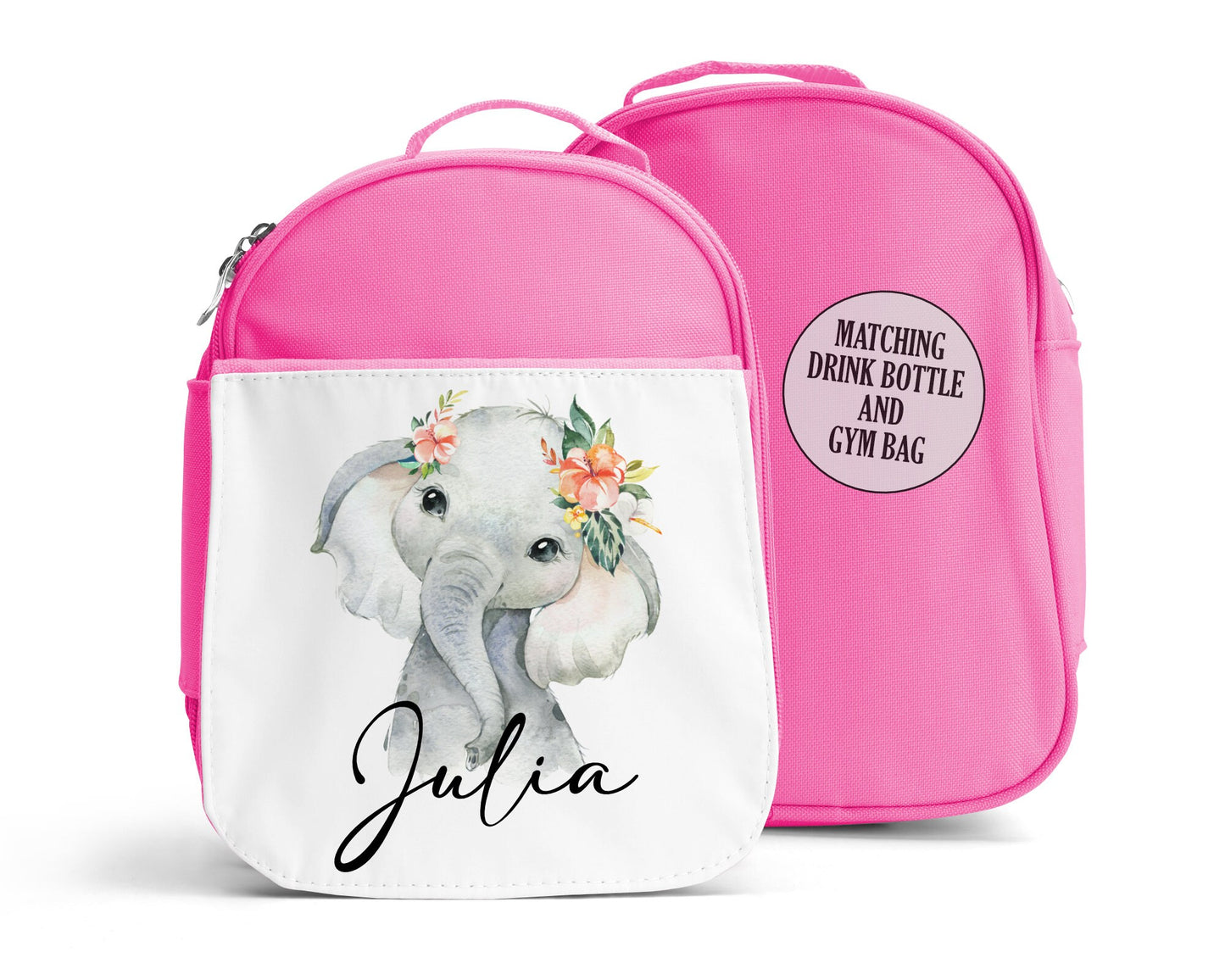 Personalised School Gym Bag, Kids PE Bag, Back to School Elephant Flower Theme, Floral with Name, Safari Cute Elephant for Girls and Boys