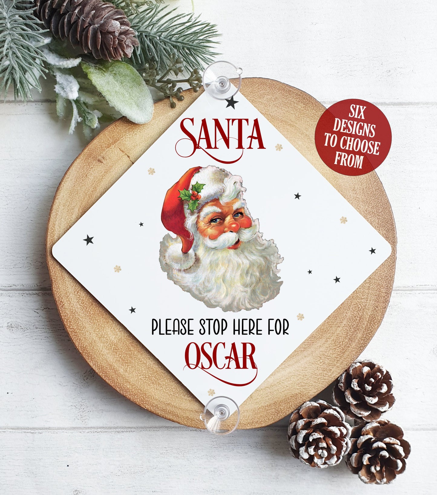 Santa Please Stop Here - Personalised Window Sign with Suction Cups, Vintage Father Christmas Rainbow, Christmas Eve Box, Stocking Filler