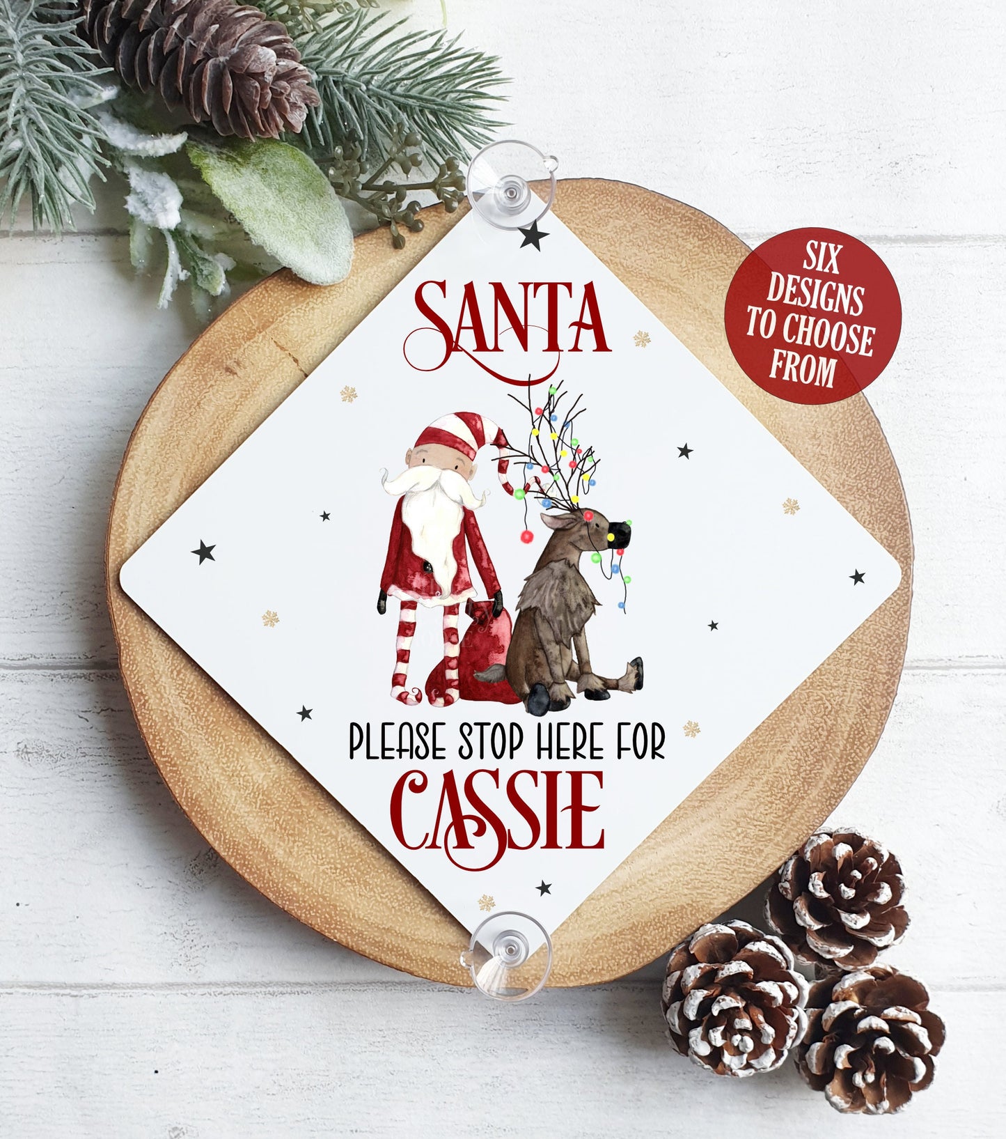 Santa Please Stop Here - Personalised Window Sign with Suction Cups, Vintage Father Christmas Rainbow, Christmas Eve Box, Stocking Filler