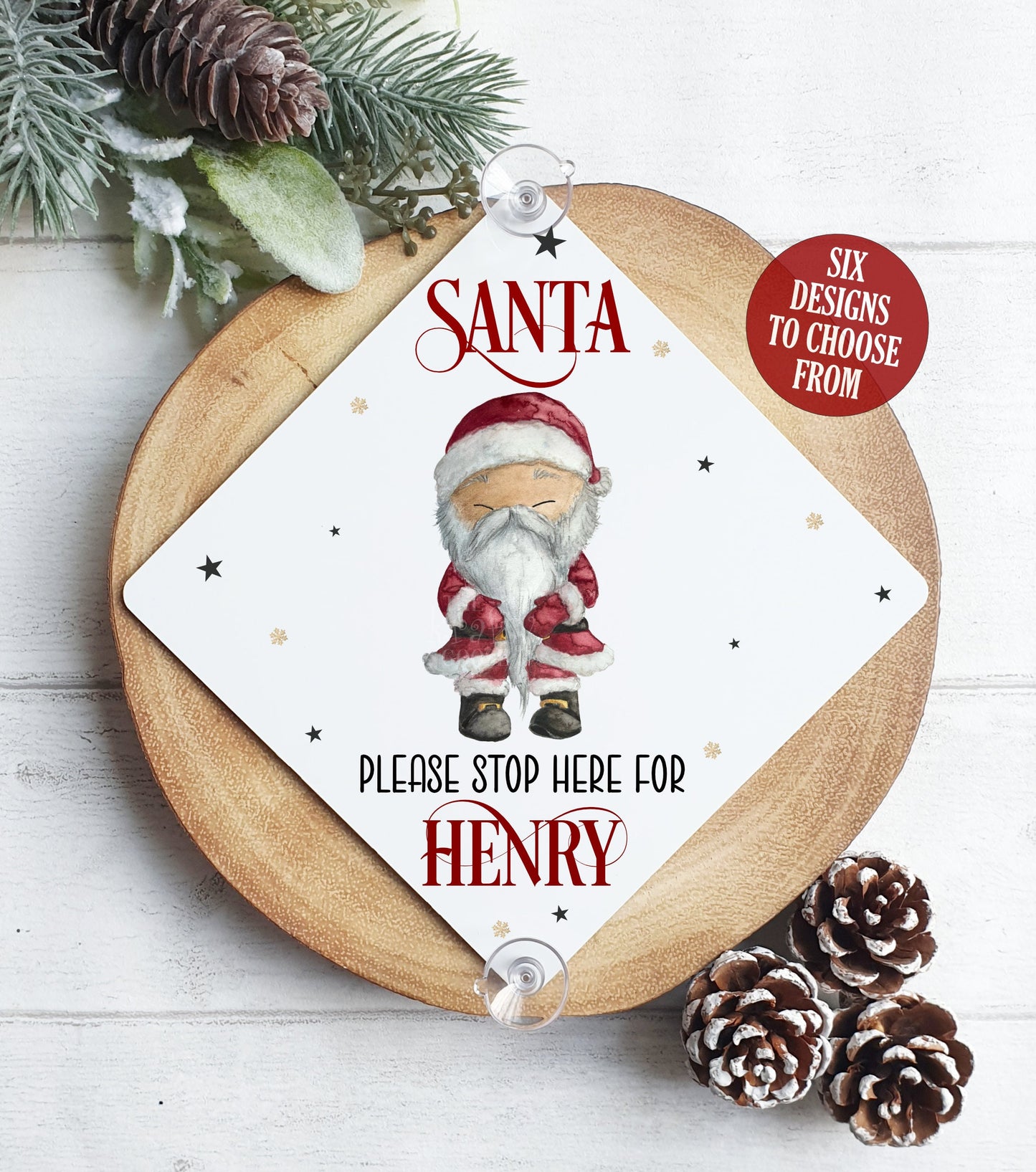 Santa Please Stop Here - Personalised Window Sign with Suction Cups, Vintage Father Christmas Rainbow, Christmas Eve Box, Stocking Filler
