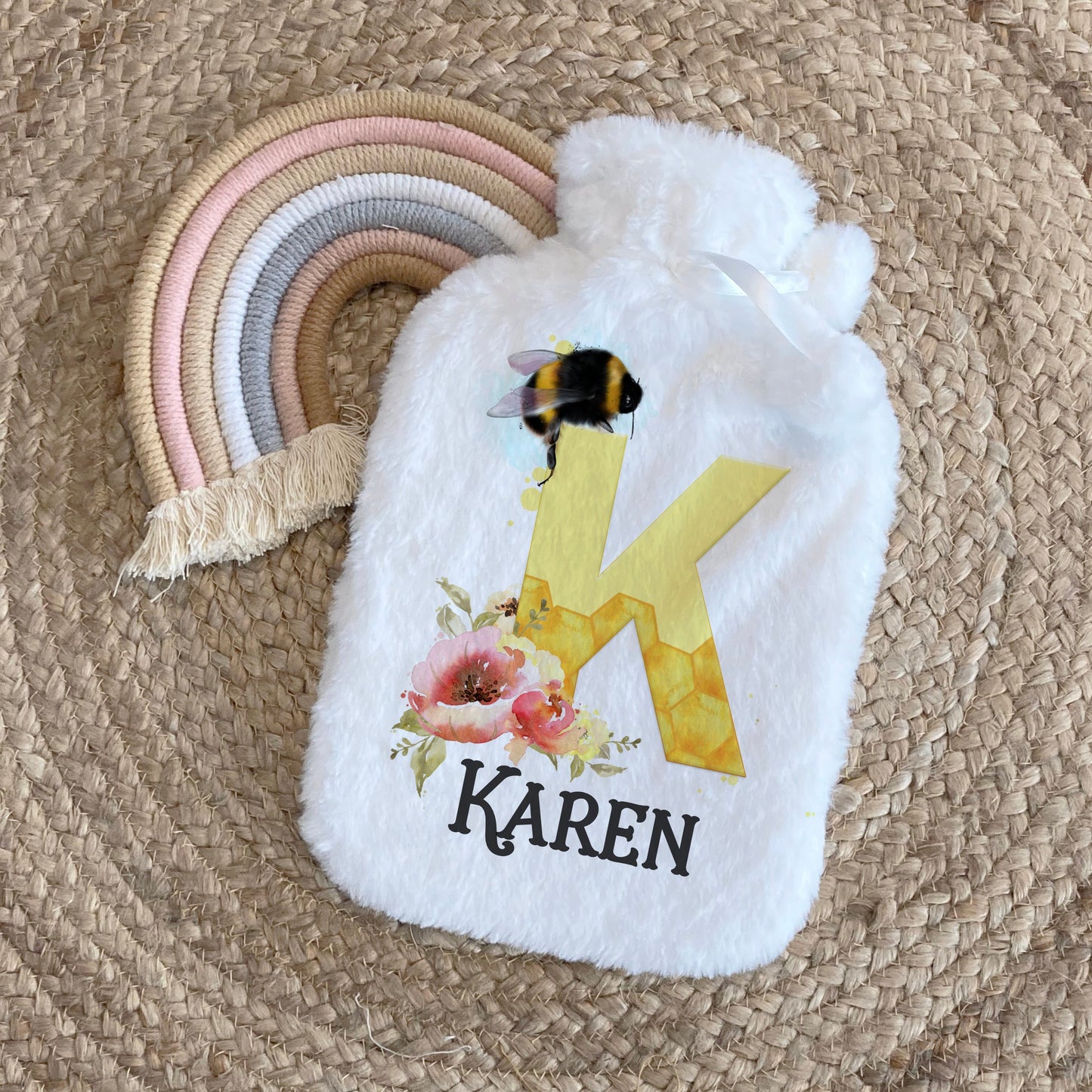 Personalised Bee Hot Water Bottle, Christmas Gift Idea for Her, Floral Stocking Filler, Gardening Idea, Gift Idea for Mum Nan Dad Grandad
