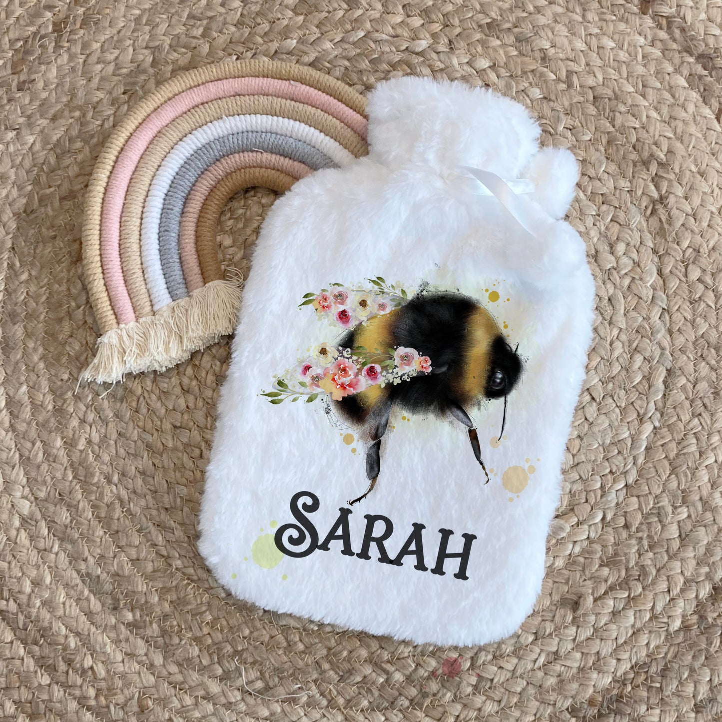 Personalised Bee Hot Water Bottle, Christmas Gift Idea for Her, Floral Stocking Filler, Gardening Idea, Gift Idea for Mum Nan Dad Grandad