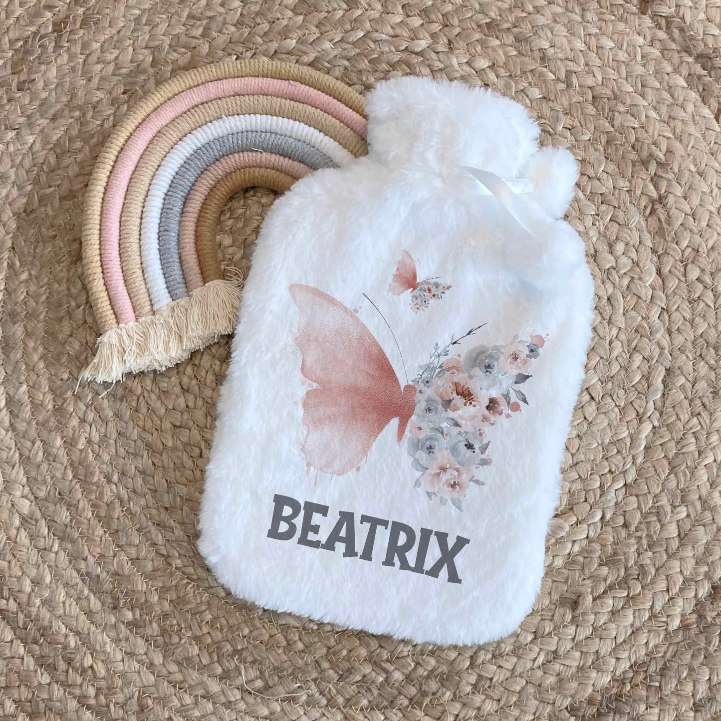 Personalised Floral Butterfly Hot Water Bottle, Christmas Gift Idea for Her, Stocking Filler, Christmas Eve Box Idea, Gift Idea for Mum, Nan