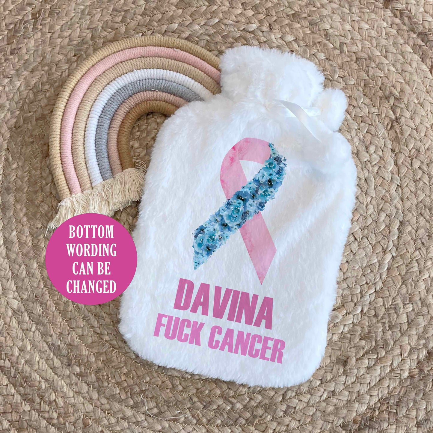 Pink Ribbon Personalised Hot Water Bottle, Breast Cancer Awareness Survivor, Never Give Up, Fuck Cancer, Floral Ribbon, Thinking of You Gift