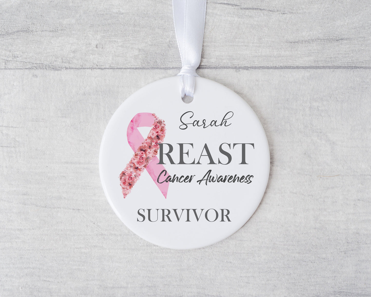 Pink Ribbon Personalised Ceramic Ornament, Breast Cancer Awareness Survivor, Never Give Up, Fuck Cancer, Floral Ribbon, Thinking of You Gift