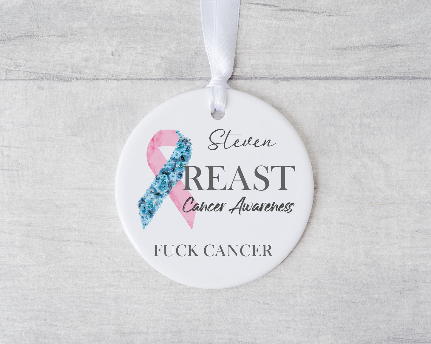 Pink Ribbon Personalised Ceramic Ornament, Breast Cancer Awareness Survivor, Never Give Up, Fuck Cancer, Floral Ribbon, Thinking of You Gift