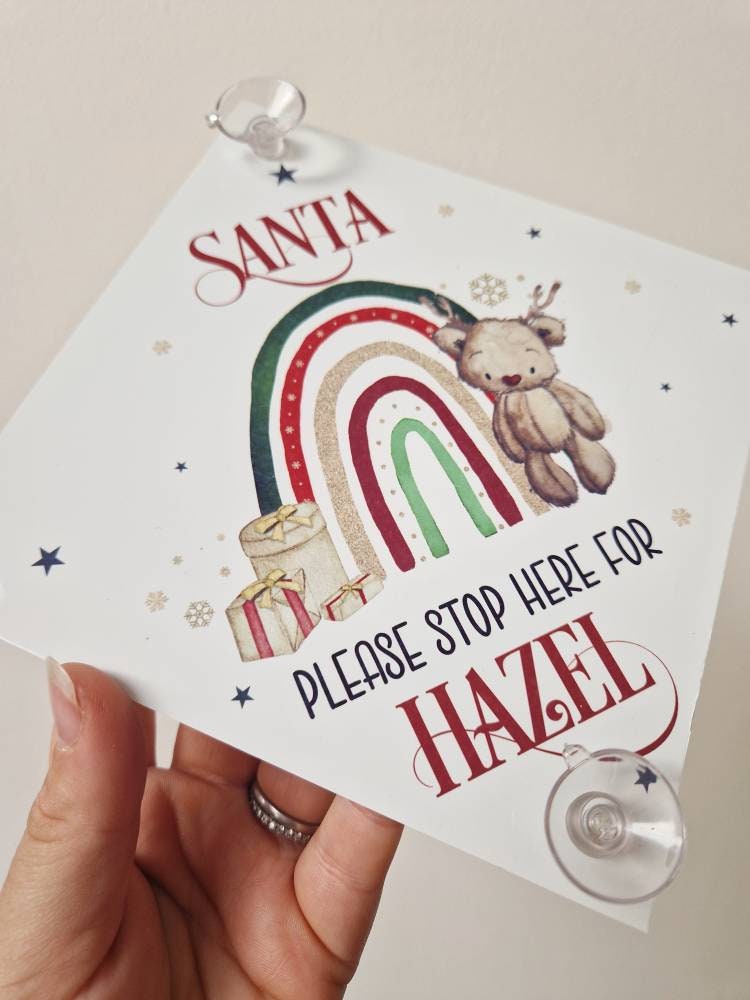 Santa Please Stop Here - Personalised Window Sign with Suction Cups, Vintage Father Christmas Rainbow, Christmas Eve Box, Stocking Filler