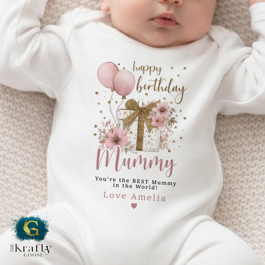 Happy Birthday Mummy - Floral Balloons - T-Shirt - Vest - Sleepsuit Romper