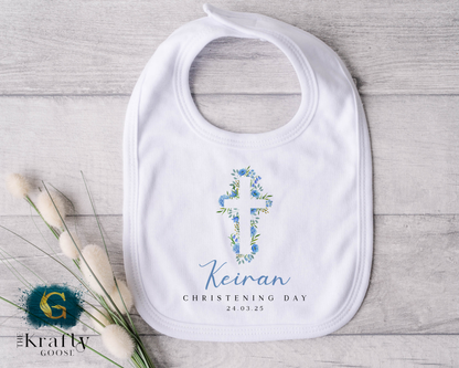 Christening Outfit Blue Cross - Sleepsuit Romper - Vest - Bib