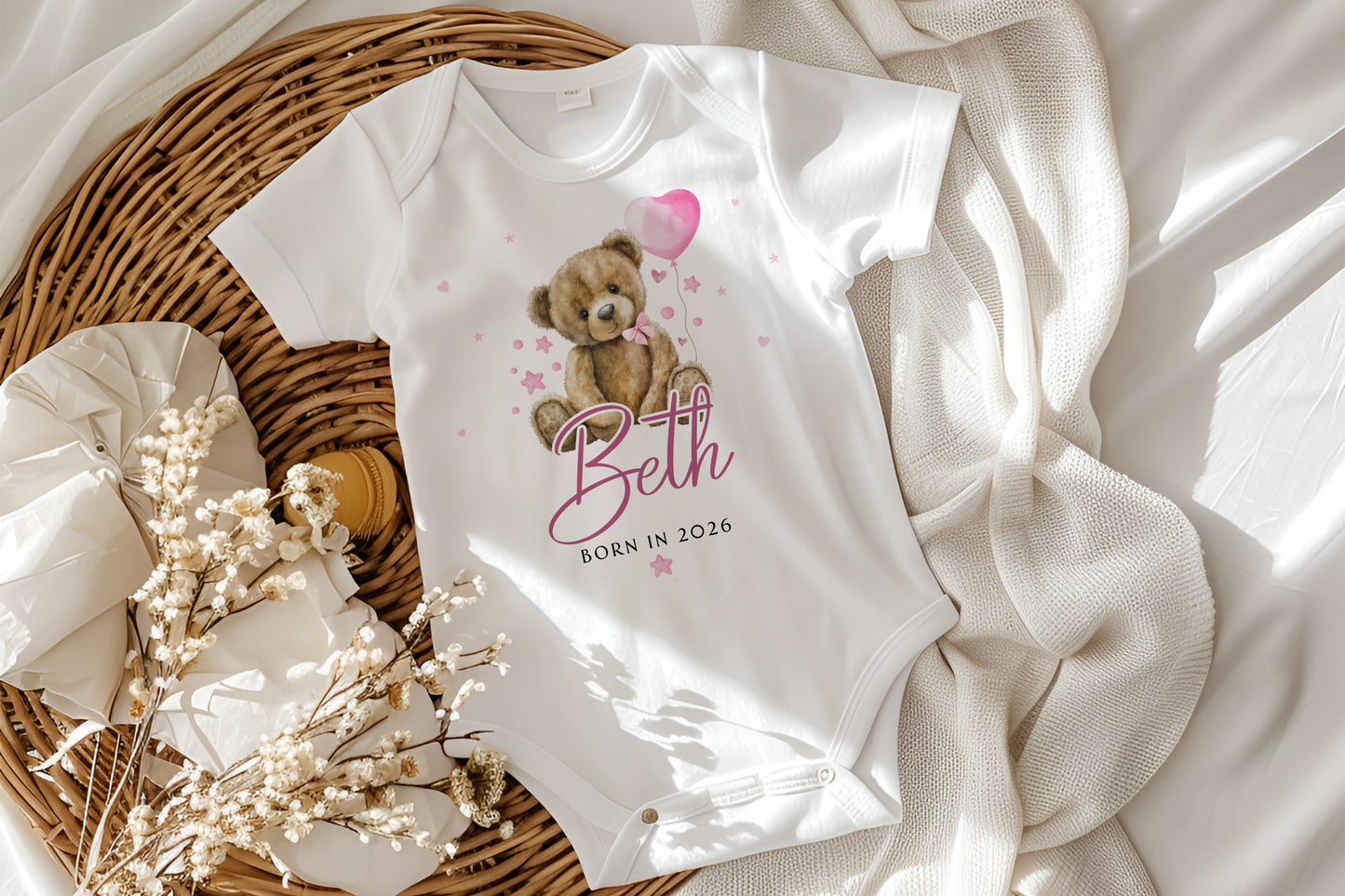 Born in 2026 - Pink Teddy Bear Balloon Design