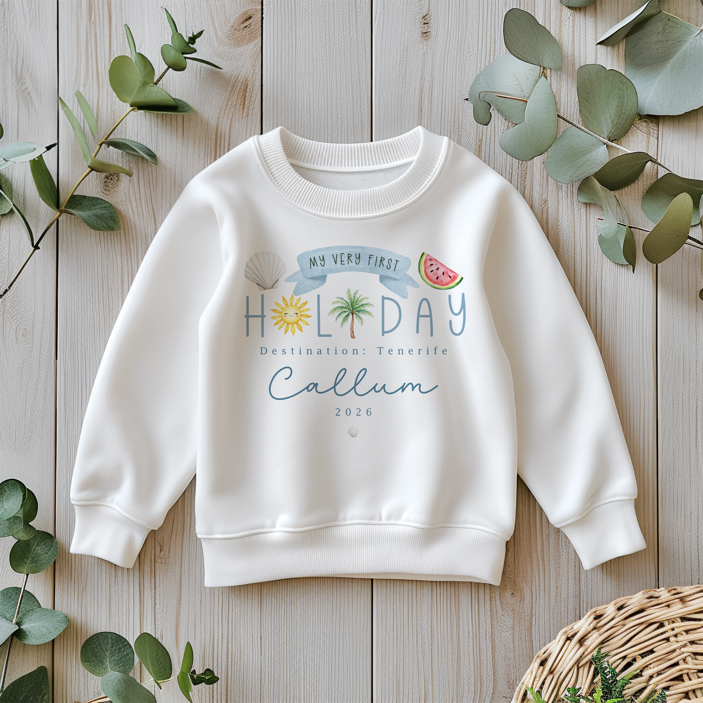 My First Holiday - Blue Design - T-Shirt - Vest - Sleepsuit Romper - Sweater