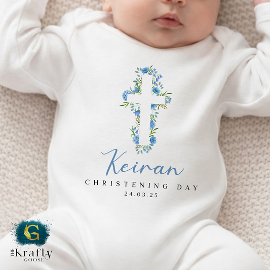 Christening Outfit Blue Cross - Sleepsuit Romper - Vest - Bib