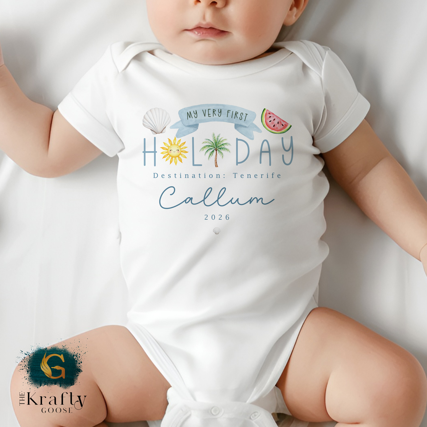 My First Holiday - Blue Design - T-Shirt - Vest - Sleepsuit Romper - Sweater