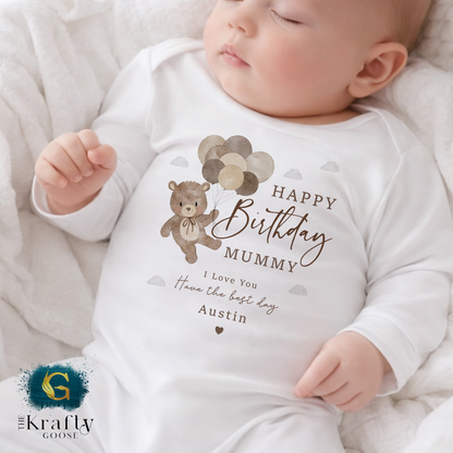 Happy Birthday Mummy - Bear Balloons - T-Shirt - Vest - Sleepsuit Romper