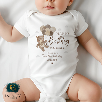 Happy Birthday Mummy - Bear Balloons - T-Shirt - Vest - Sleepsuit Romper