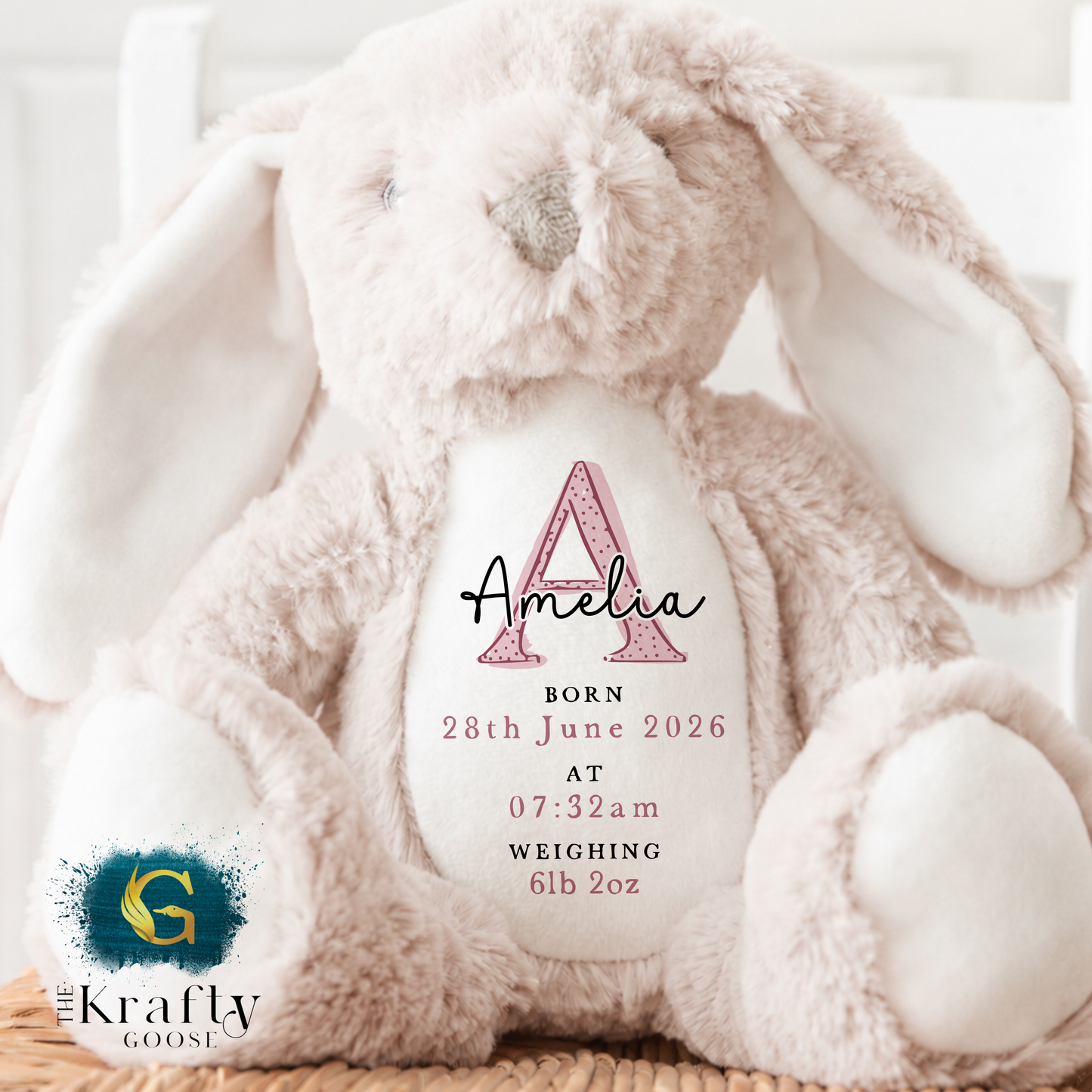 New Baby Birth Stats Bunny - Pink Design - Date and Time of Birth, and Weight