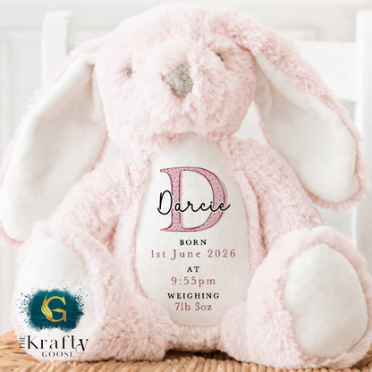 New Baby Birth Stats Bunny - Pink Design - Date and Time of Birth, and Weight