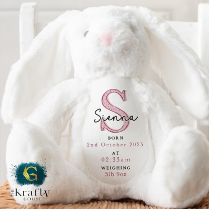 New Baby Birth Stats Bunny - Pink Design - Date and Time of Birth, and Weight
