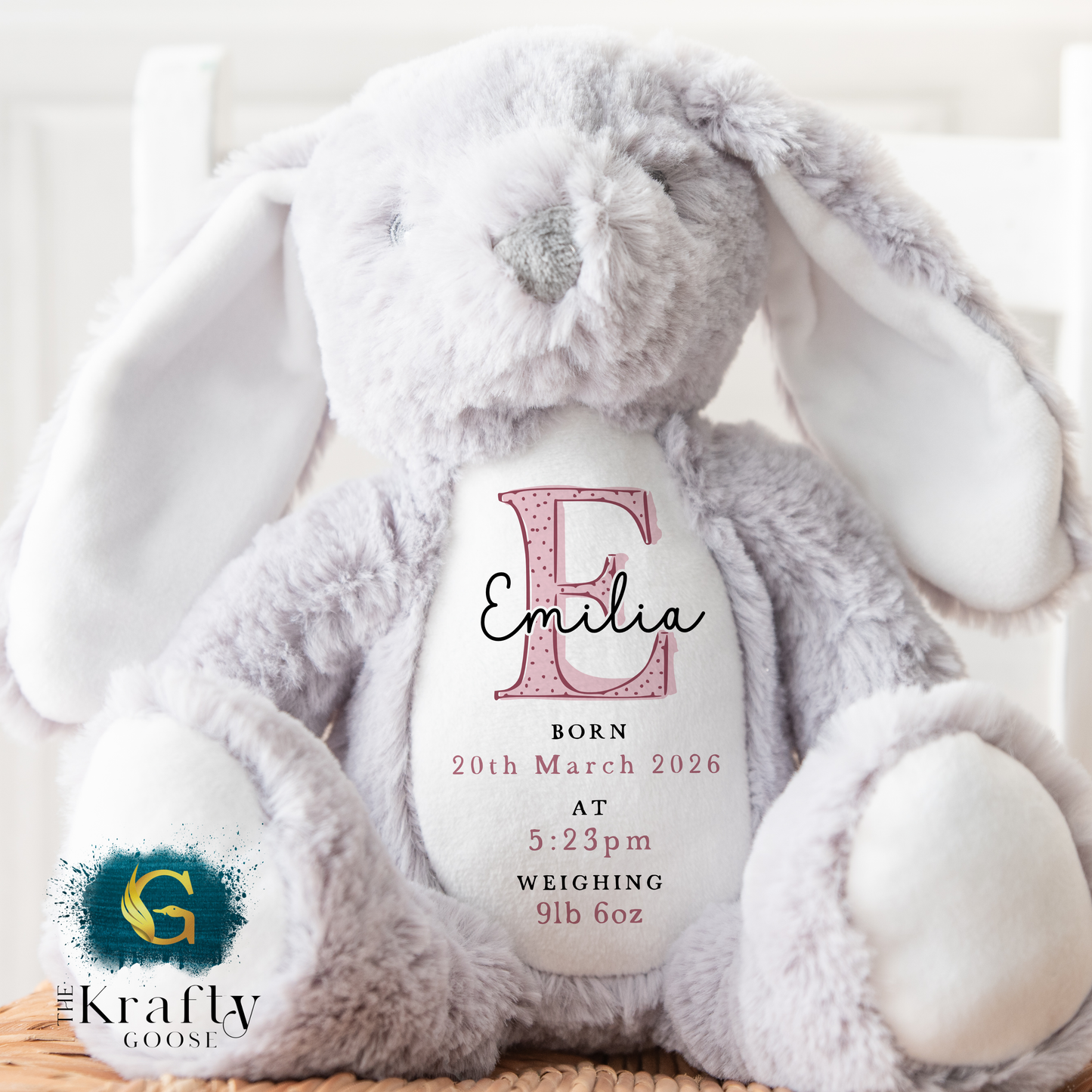 New Baby Birth Stats Bunny - Pink Design - Date and Time of Birth, and Weight