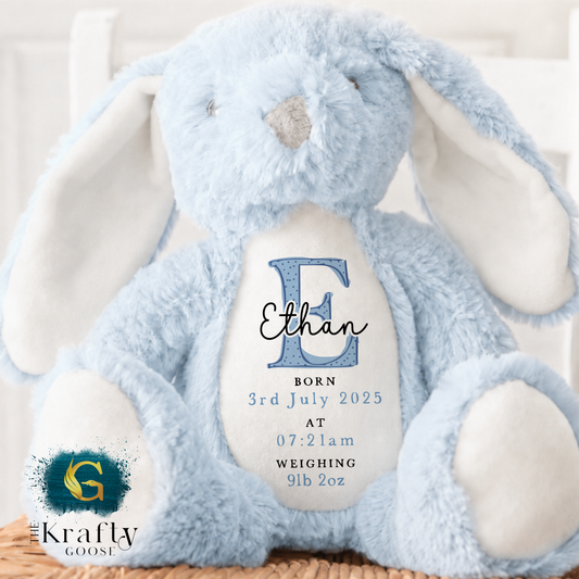 New Baby Birth Stats Bunny - Blue Design - Date and Time of Birth, and Weight