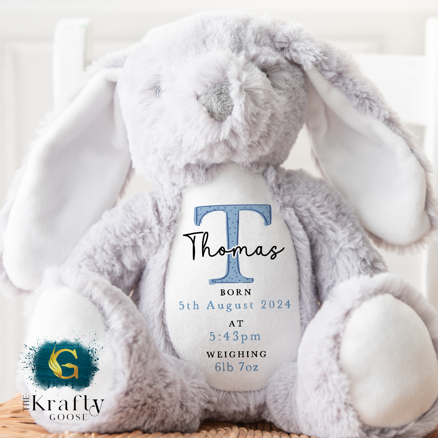 New Baby Birth Stats Bunny - Blue Design - Date and Time of Birth, and Weight