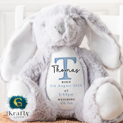New Baby Birth Stats Bunny - Blue Design - Date and Time of Birth, and Weight