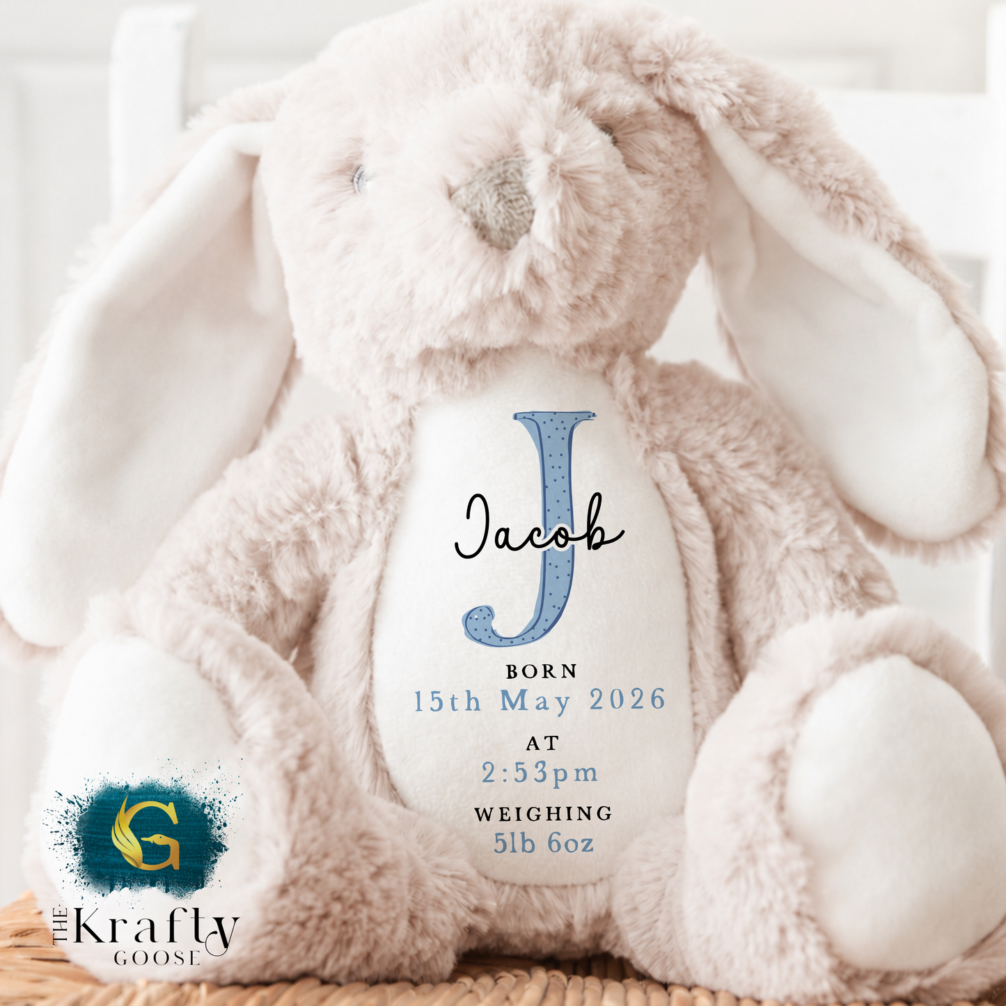 New Baby Birth Stats Bunny - Blue Design - Date and Time of Birth, and Weight