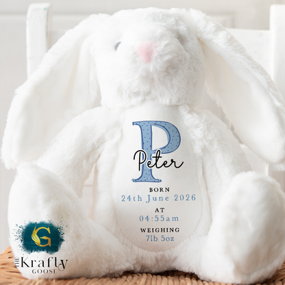 New Baby Birth Stats Bunny - Blue Design - Date and Time of Birth, and Weight