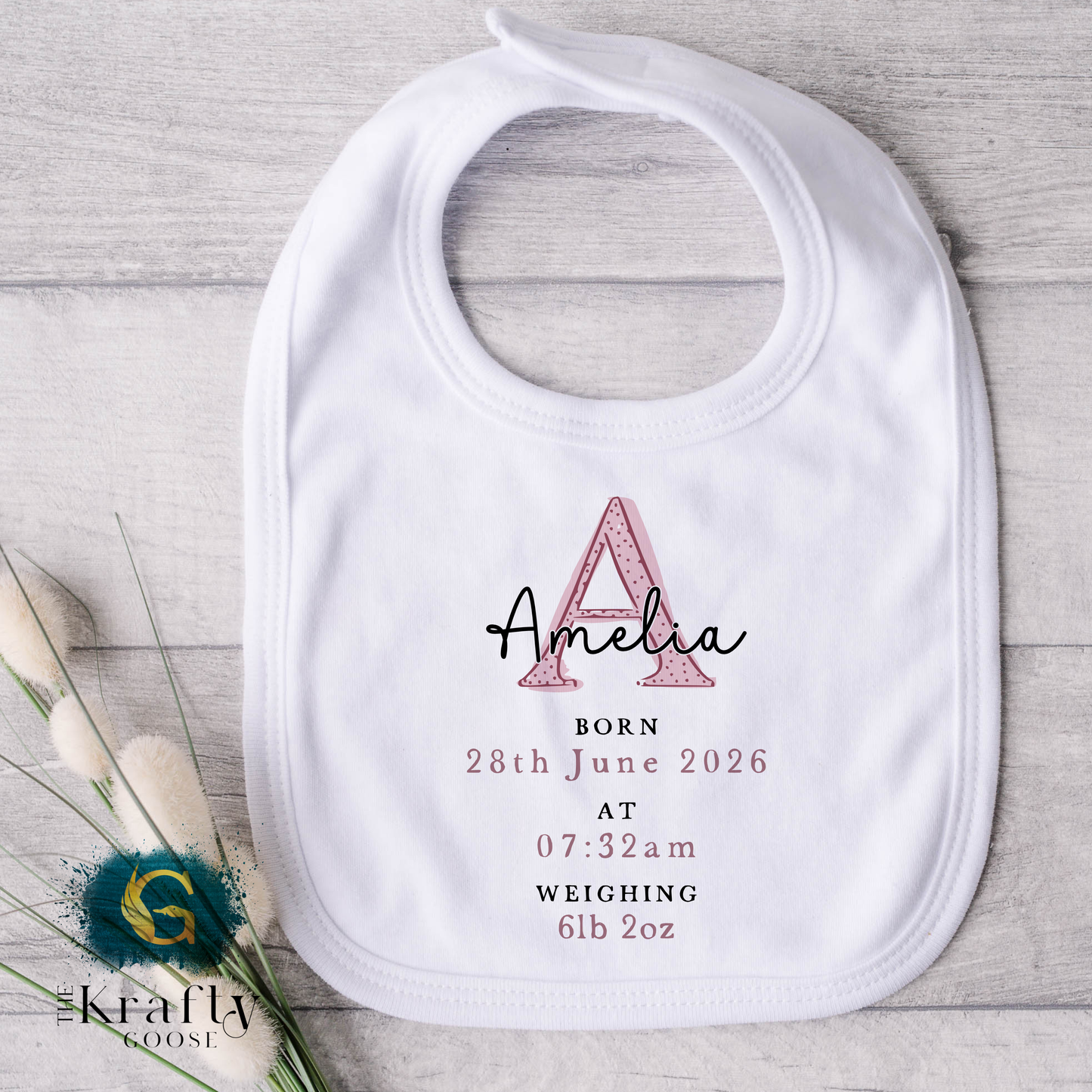 New Baby Birth Stats Bunny - Pink Design - Date and Time of Birth, and Weight
