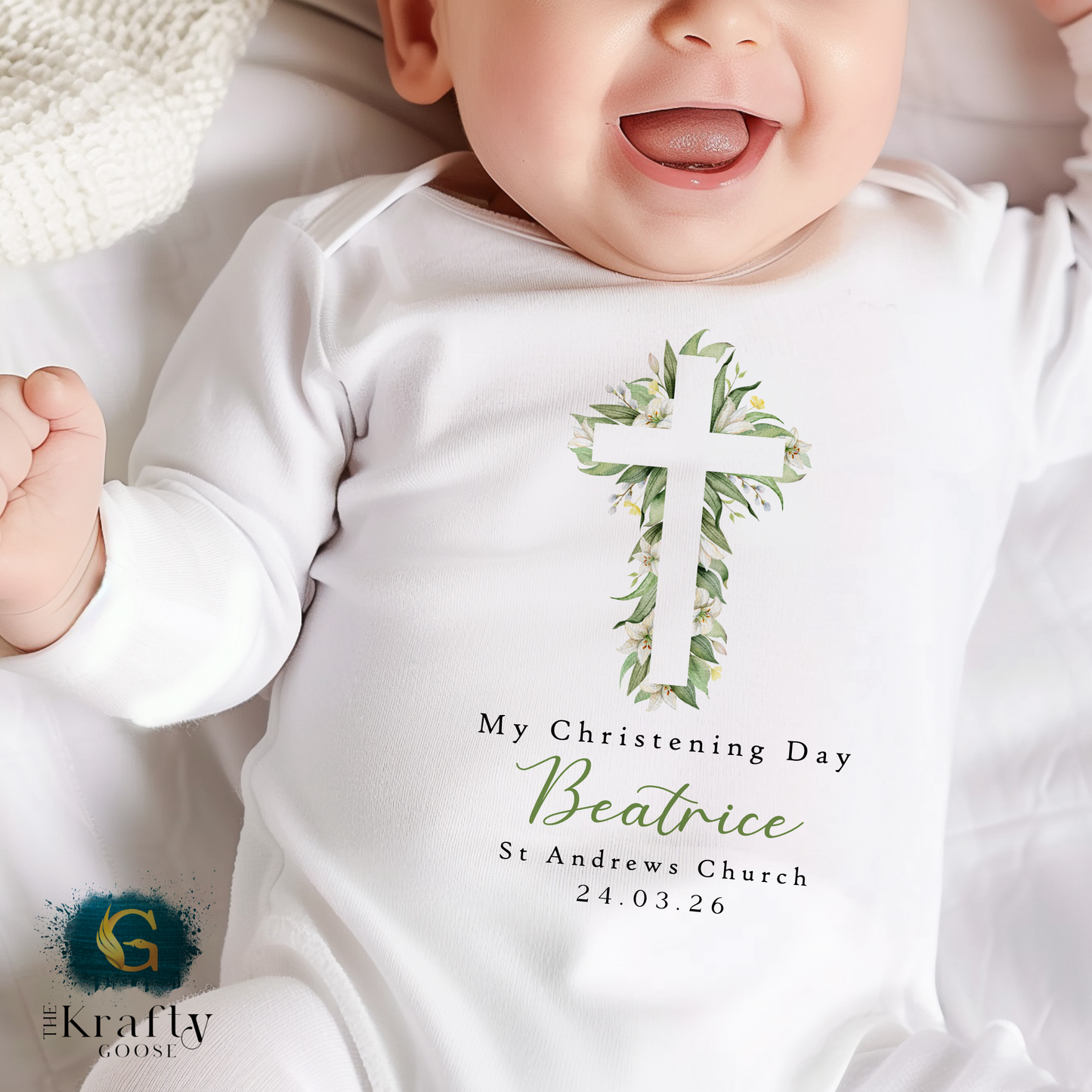 Christening Outfit Green Neutral Cross - Sleepsuit Romper - Vest - Bib