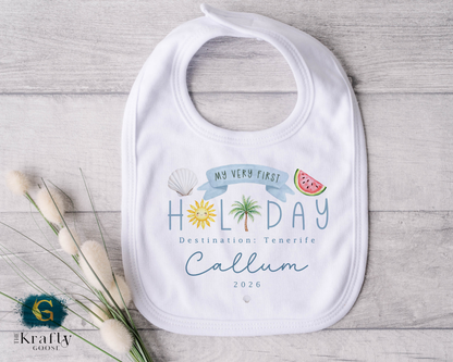 My First Holiday - Blue Design - T-Shirt - Vest - Sleepsuit Romper - Sweater