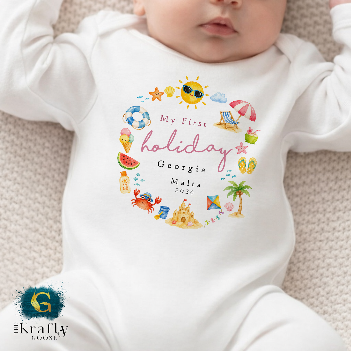 My First Holiday - Summer Wreath - T-Shirt - Vest - Sleepsuit Romper - Sweater