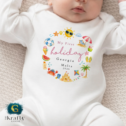 My First Holiday - Summer Wreath - T-Shirt - Vest - Sleepsuit Romper - Sweater