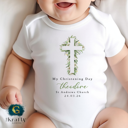 Christening Outfit Green Neutral Cross - Sleepsuit Romper - Vest - Bib