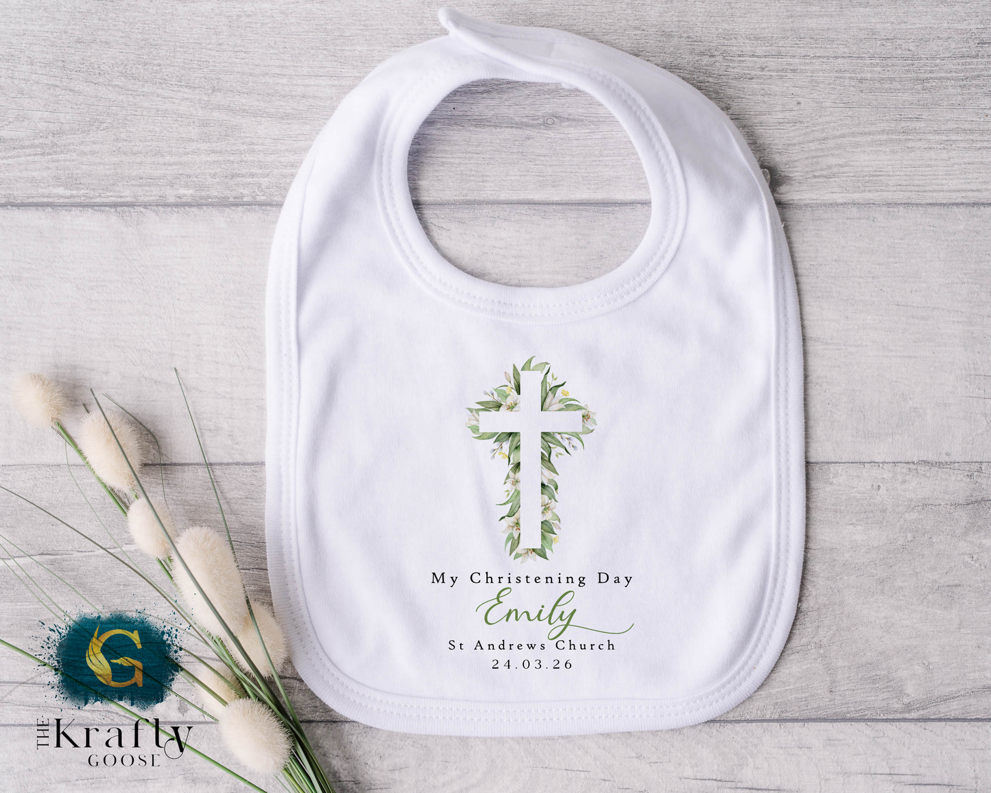 Christening Outfit Green Neutral Cross - Sleepsuit Romper - Vest - Bib