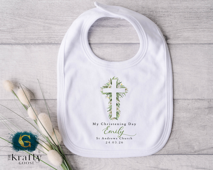 Christening Outfit Green Neutral Cross - Sleepsuit Romper - Vest - Bib