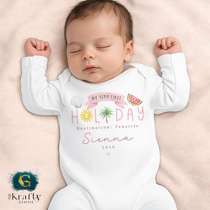 My First Holiday - Pink Design - T-Shirt - Vest - Sleepsuit Romper - Sweater