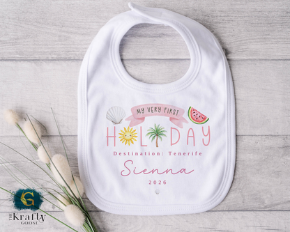 My First Holiday - Pink Design - T-Shirt - Vest - Sleepsuit Romper - Sweater