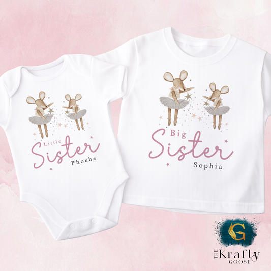 Matching Sister Outfit - Ballerina Mouse - T-Shirt, Sweatshirt, Baby Romper Vest Bib