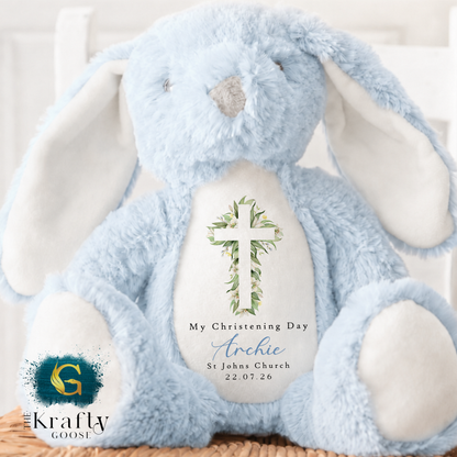 Christening Soft Toy - Green Floral Cross Design