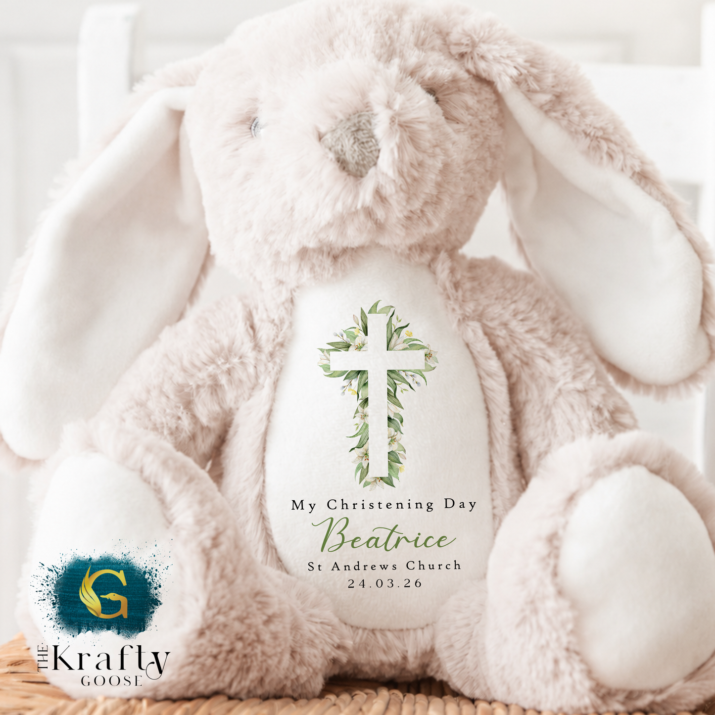 Christening Soft Toy - Green Floral Cross Design